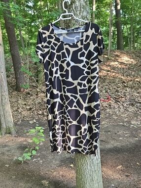 Nina Leonard Black and Tan Animal Print Midi Dress